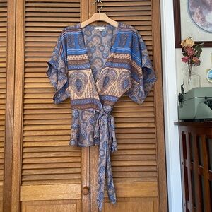 ✨ Earthbound Blue and Tan Wrap Boho Blouse ✨